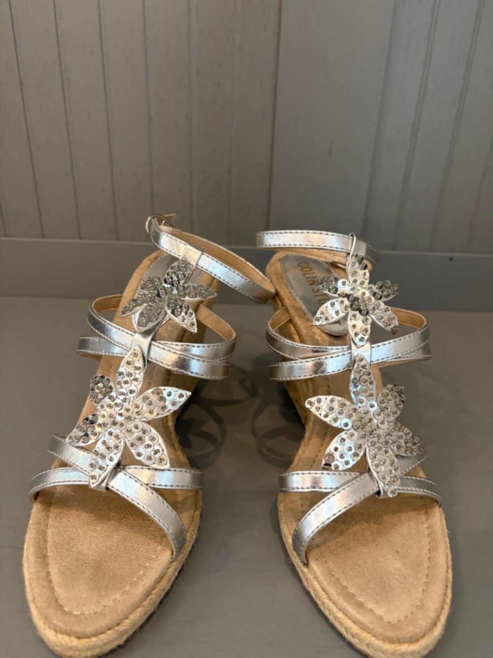 Colin Stuart Silver Floral Rhinestone Wedge Sandals